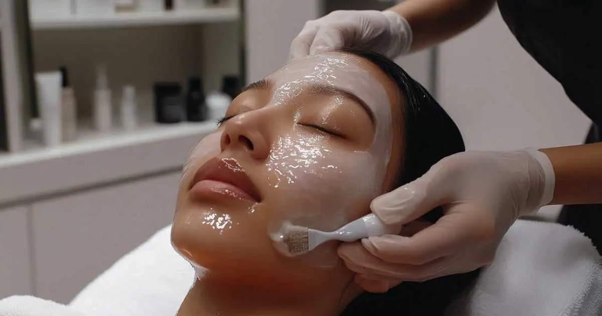Woman receiving professional Chemical Peels in Centennial, CO, with a skincare specialist applying solution to her face using a soft brush